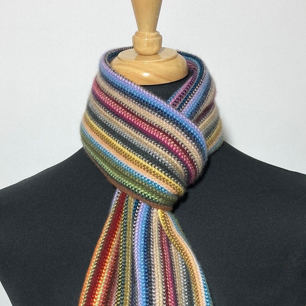 Cashmere Warp Knitted Scarf in Classic Multi Colour Stripes. Designed and Made in Scotland.