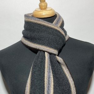 Lambswool warp knitted scarf in contemporary stripes. Designed and Made in Scotland.