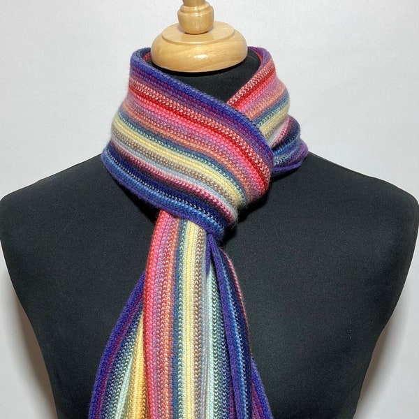 Lambswool warp knitted scarf in contemporary multi colour stripes. Designed and Made in Scotland.