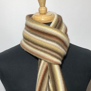 Lambswool & Angora warp knitted scarf in classic multi colour stripes. Designed and Made in Scotland
