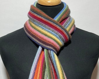 Lambswool warp knitted scarf in classic multi colour stripes. Designed and Made in Scotland.