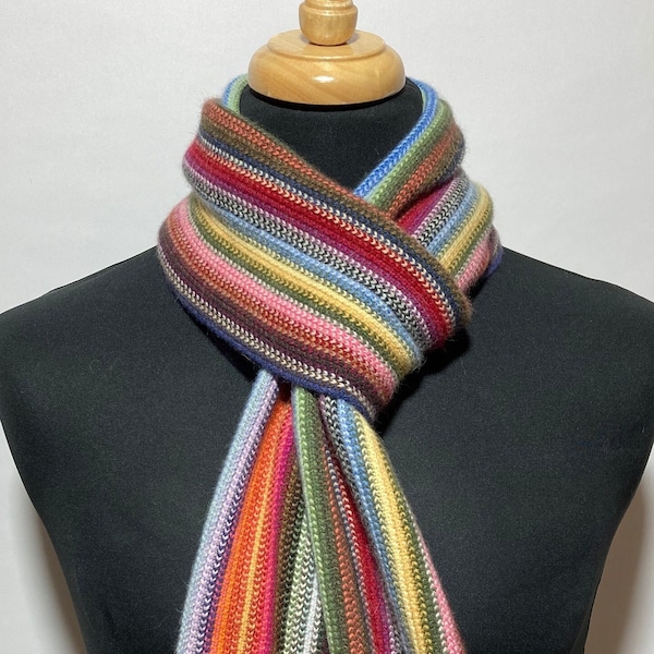 Lambswool warp knitted scarf in classic multi colour stripes. Designed and Made in Scotland.