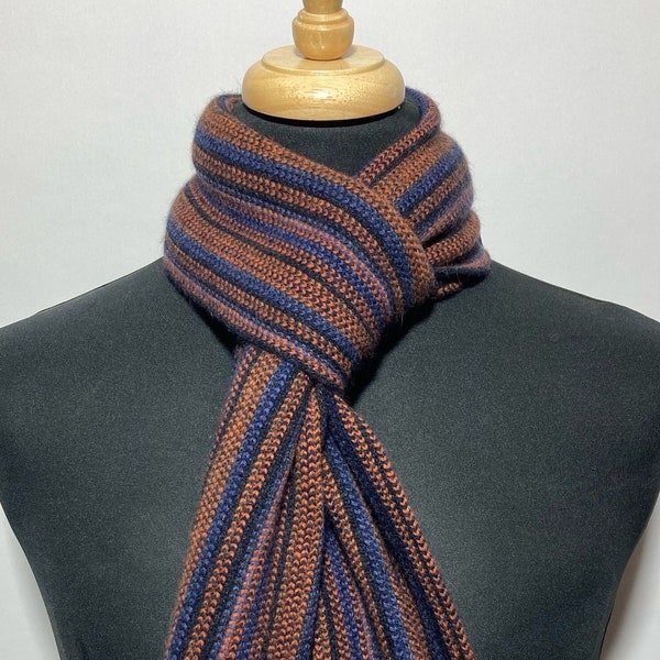 Lambswool & Angora warp knitted scarf in classic multi colour stripes. Designed and Made in Scotland