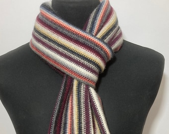 Lambswool & Angora warp knitted scarf in classic multi colour stripes. Designed and Made in Scotland