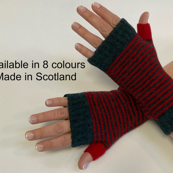 Lambswool Wristwarmers / Fingerless Mittens in 2 Colour Stripes (Ladies) - Designed and Made in Scotland
