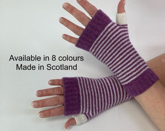 May include: Purple and white striped fingerless gloves made in Scotland. Available in 8 colors.