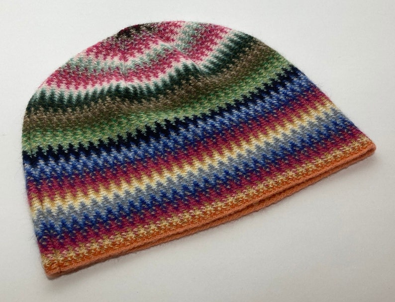 Lambswool & Angora Hat in Multi Colour Zig Zag Pattern Designed and Made in Scotland Disco