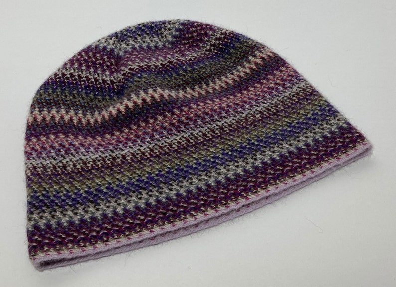 Lambswool & Angora Hat in Multi Colour Zig Zag Pattern Designed and Made in Scotland Rebecca