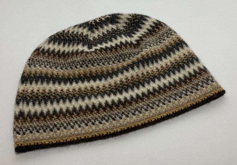 Lambswool & Angora Hat in Multi Colour Zig Zag Pattern Designed and Made in Scotland Havana