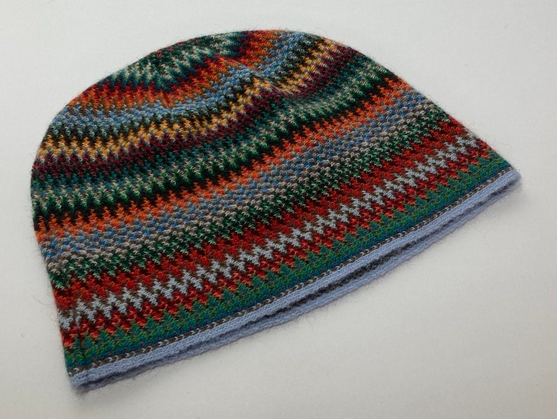 Lambswool & Angora Hat in Multi Colour Zig Zag Pattern Designed and Made in Scotland Pheasant