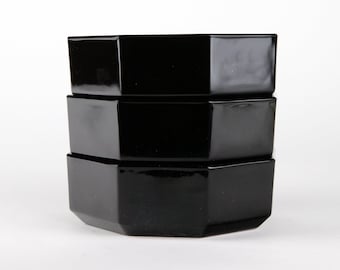 1980s Individual Arcoroc France Octime Black Glass Snack Bowls - Postmodern Decor