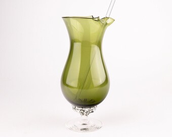 Midcentury Green Glass Fluted Decanter with Stirrer: Retro Barware