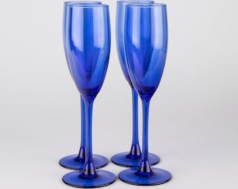 Vintage Luminarc Cobalt Blue Champagne Flutes - Set of 4