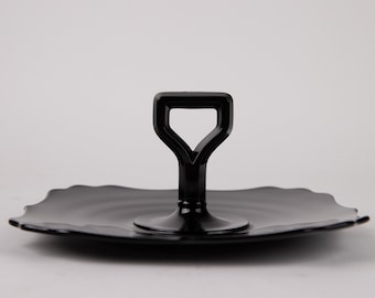 Vintage Black Depression Glass Serving Tray, Scalloped Edge, 1920s-30s