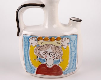 Midcentury Giovanni DeSimone Pottery Water Jug: Hand-Painted Italian Folk Art