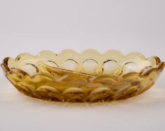 Vintage Amber Glass Divided Candy Dish in Thumbprint Design