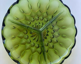 1960s Anchor Hocking Round Green Glass 3 Section Divided Relish Dish in Fairfield Pattern