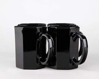 Vintage Arcoroc France Black Glass Mugs: Octime Postmodern Decor (Set of 4)
