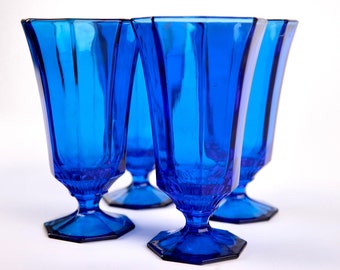 Vintage Cobalt Blue Iced Tea Glasses: Octagonal Stemware, Set of 4