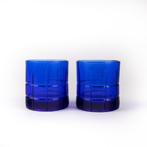 Vintage Anchor Hocking Cobalt Blue Lowball Glasses - Tartan Set of 2