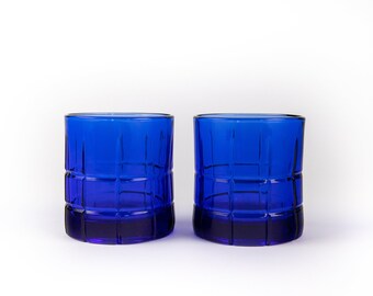 Vintage Anchor Hocking Cobalt Blue Lowball Glasses - Tartan Set of 2