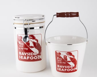 Vintage Coastal Ceramic Canister or Bucket: Farmhouse Seafood Decor