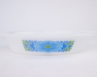Vintage Glasbake Desert Flower Milk Glass Divided Casserole Dish