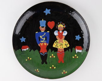 Vintage Dutch Enamelware Plate: Hand Painted Folk Art Decor