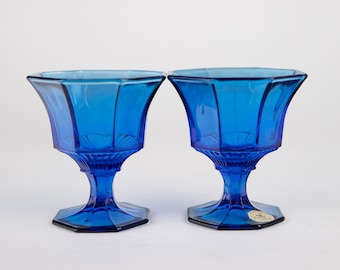 Vintage Cobalt Blue Octagonal Stem Glasses - Set of 2