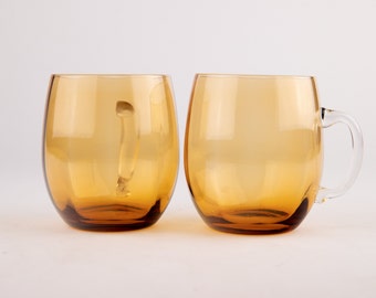 Vintage Amber Glass Mugs with Handblown Handle - MCM Decor (2PC)