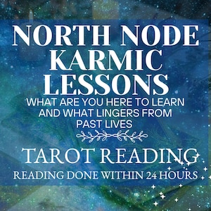 Könnte beinhalten: Eine digitale Grafik mit einem blauen und türkisfarbenen kosmischen Hintergrund. Weißer Text lautet "NORTH NODE KARMIC LESSONS" und "TAROT READING". Zusätzlicher Text fragt "WHAT ARE YOU HERE TO LEARN AND WHAT LINGERS FROM PAST LIVES?" und "READING DONE WITHIN 24 HOURS."