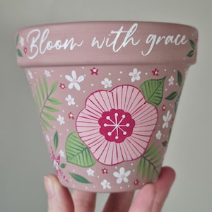 Handpainted 11cm terracotta pot - pretty floral design- Bloom with Grace