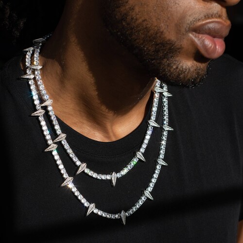 Tennis Chain × Iced Out Prong Chain Set Iced Out Spiked Tennis Chain: 18K White Gold, VVS CZ Stone - Etsy