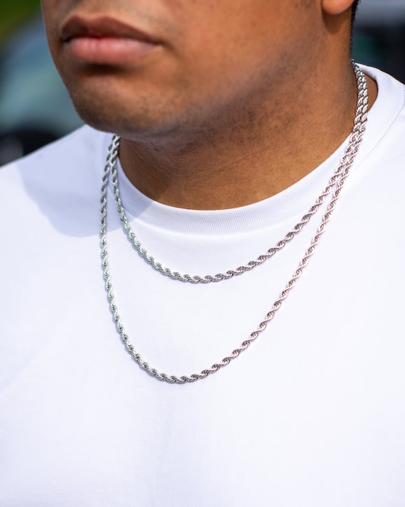 18K Gold Rope Chain, 4mm Thick Stainless Steel 316L White Gold Plated Rope  Chain Necklace Men Women 20 24 Inches Length 