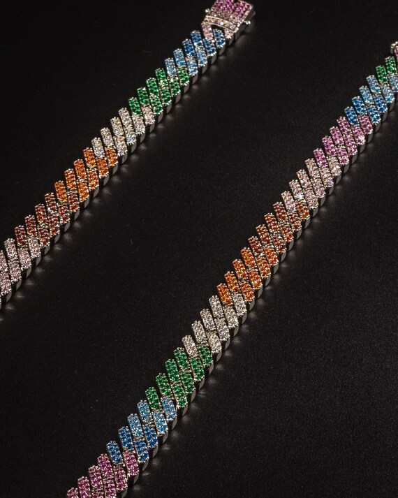 12mm Rainbow Prong Cuban Link Chain White Gold Multicolor Iced