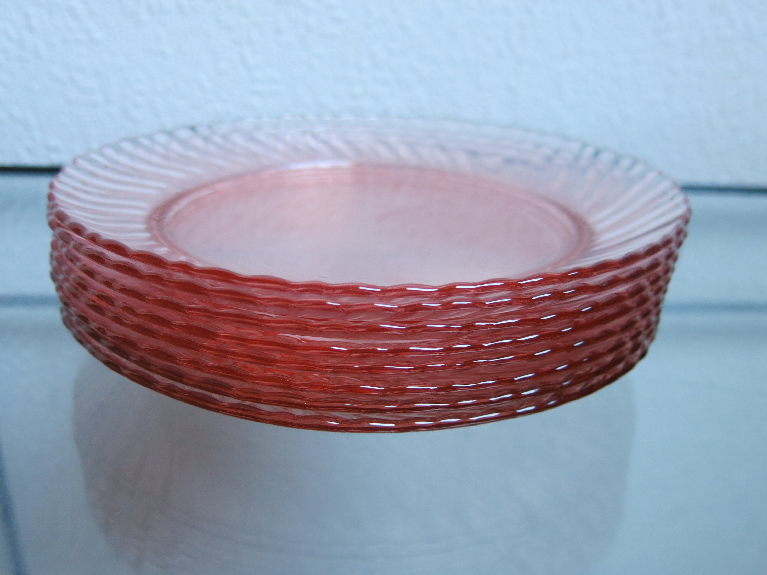 8 Assiettes à Dessert Modèle Rosaline Arcoroc en Verre Rose Vintage Des Années 70