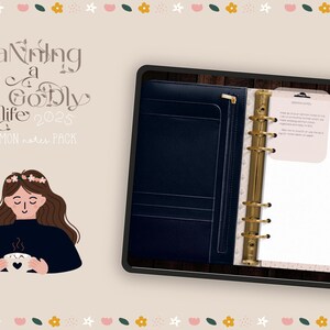 May include: A blue planner with gold rings and a pink tab that says "Sermon Notes". The planner is open to a blank page with a number "5" and a few pink hearts. The text "Planning a Godly Life 2023 Sermon Notes Pack" is on the left side of the image.