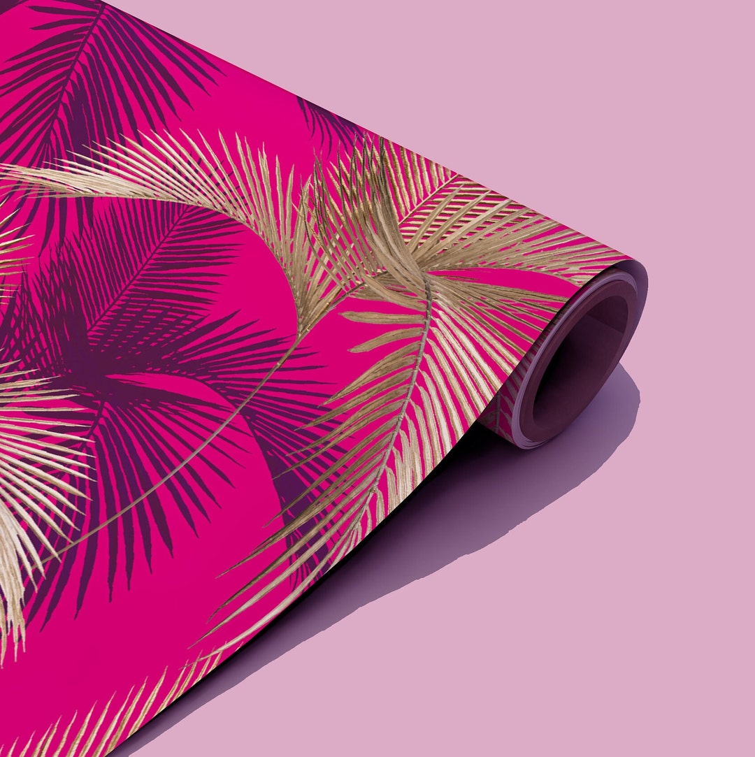 Hot Pink Palm Peel and Stick Wallpaper Gold Tropical Self Etsy UK