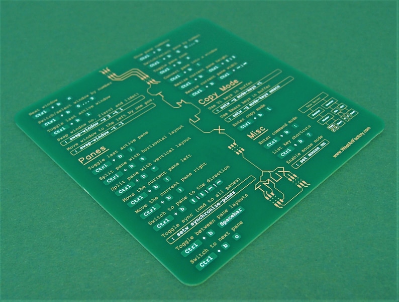 May include: A green printed circuit board with gold lettering outlining keyboard shortcuts for a software program. The board includes sections for "Panes", "Copy Mode", and "Misc".
