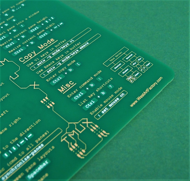 May include: A green circuit board with gold-coloured lines and text. The text includes "Copy Mode", "Misc", "Enter command mode", "List key shortcuts", "Enable mouse mode", and "Tmux Server".