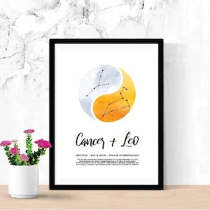 Cancer and Leo Relationship Printable, Digital Download Zodiac Poster, Astrology Constellation