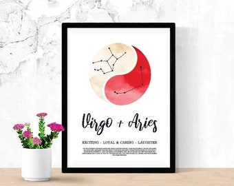 Virgo and Aries Relationship Printable, Digital Download Zodiac Poster, Astrology Constellation