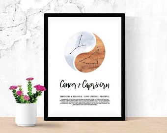 Cancer and Capricorn Relationship Printable, Digital Download Zodiac Poster, Astrology Constellation