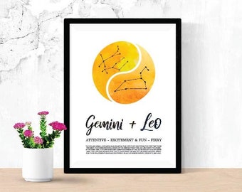 Gemini and Leo Relationship Printable, Digital Download Zodiac Poster, Astrology Constellation