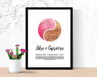 Libra and Capricorn Relationship Printable, Digital Download Zodiac Poster, Astrology Constellation
