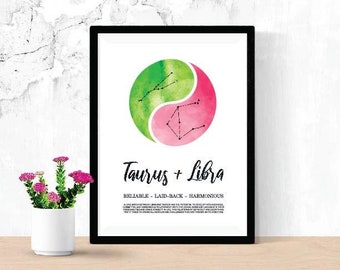 Taurus and Libra Relationship Printable, Digital Download Zodiac Poster, Astrology Constellation
