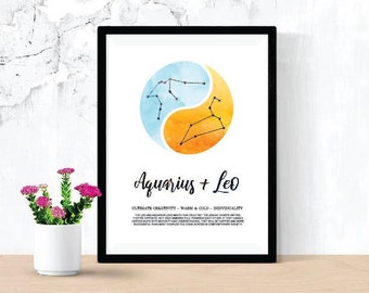 Aquarius and Leo Relationship Printable, Digital Download Zodiac Poster, Astrology Constellation
