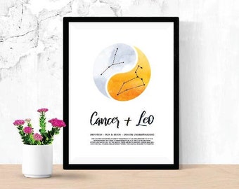 Cancer and Leo Relationship Printable, Digital Download Zodiac Poster, Astrology Constellation