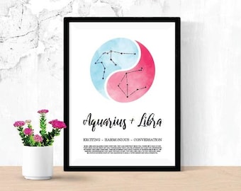 Aquarius and Libra Relationship Printable, Digital Download Zodiac Poster, Astrology Constellation