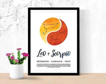 Leo and Scorpio Relationship Printable, Digital Download Zodiac Poster, Astrology Constellation